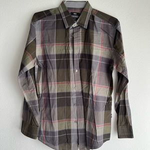 Hugo Boss, Multicolor Green Plaid Dress Shirt, Size L